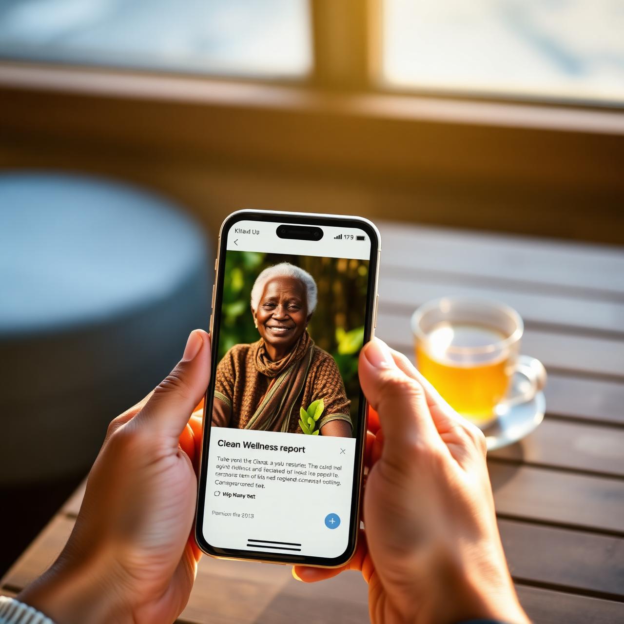 A family member abroad reading a wellness report from Apex CareLink on their phone
